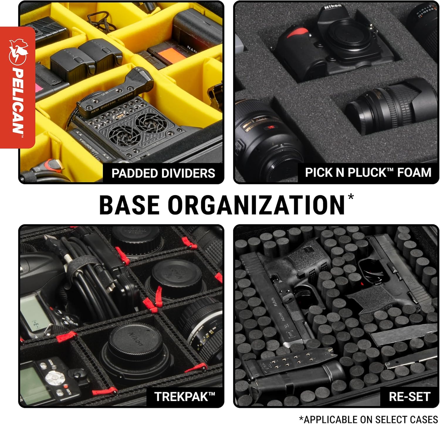 Pelican 1510 Protective Case foam interior organized around camera gear, labeled Base Organization