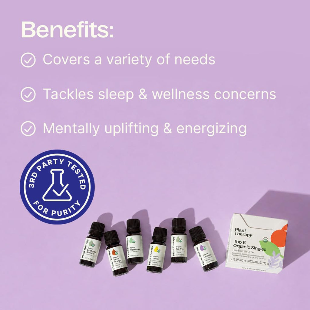 Six bottles of the Plant Therapy Top 6 USDA Organic Essential Oil Set next to their box, with a third-party purity tested badge