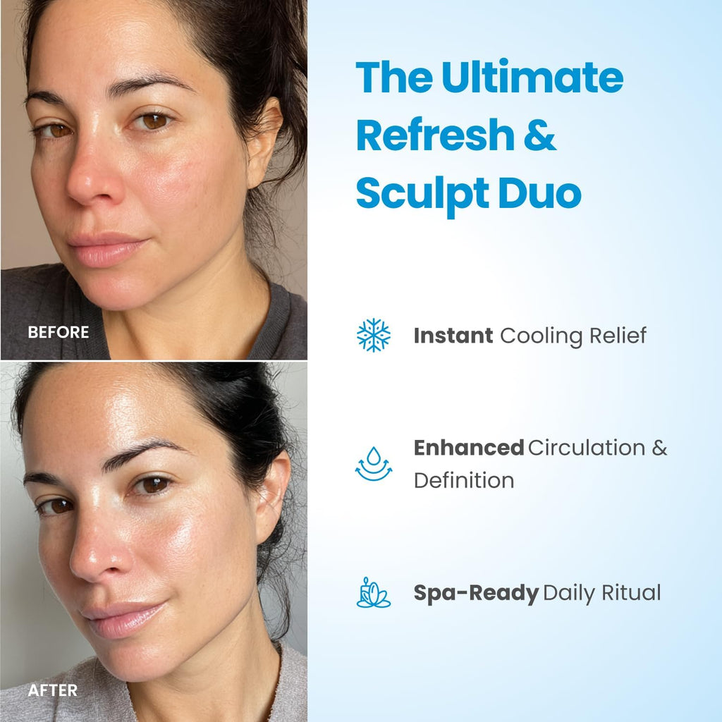 Before and after photos showing skin refreshed with the PLANTIFIQUE ice roller and guasha set
