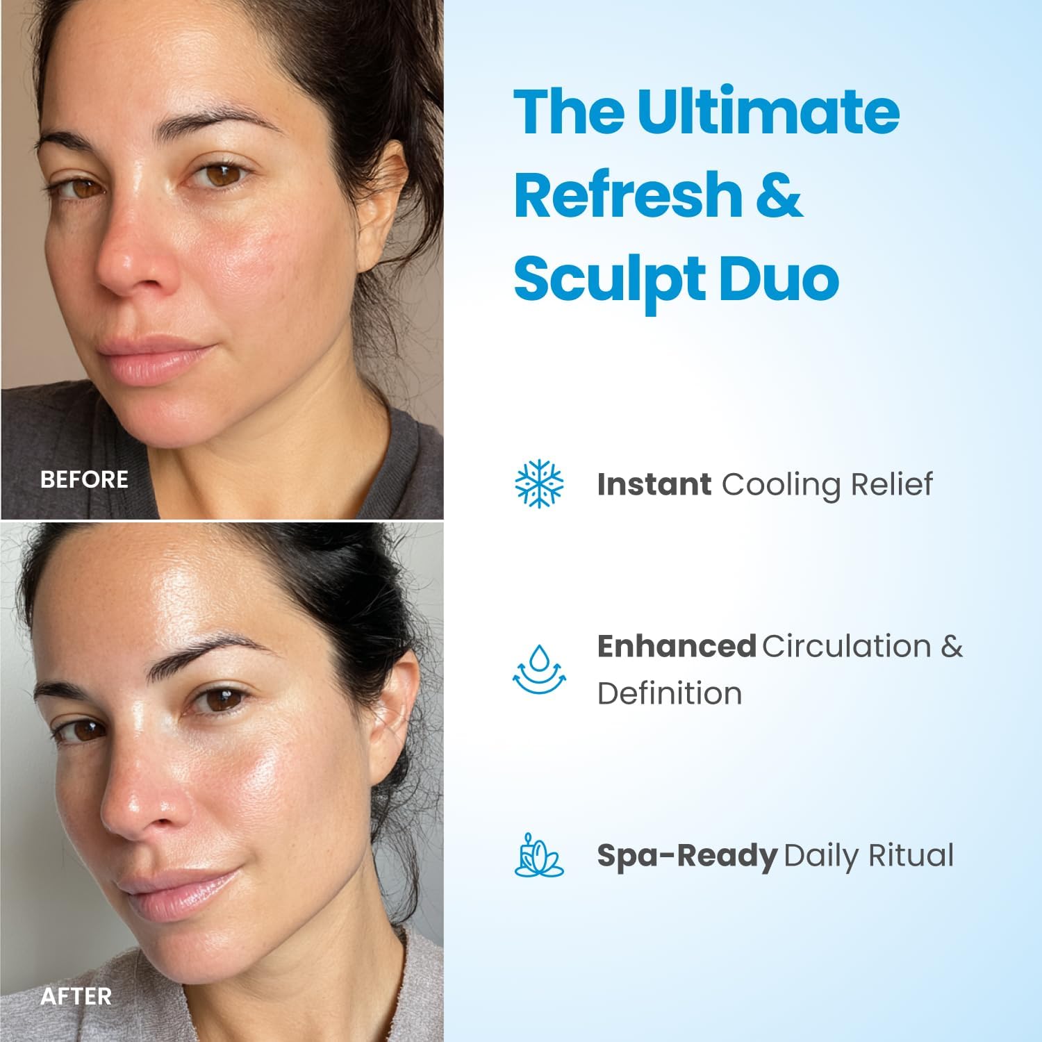 Before and after photos showing skin refreshed with the PLANTIFIQUE ice roller and guasha set