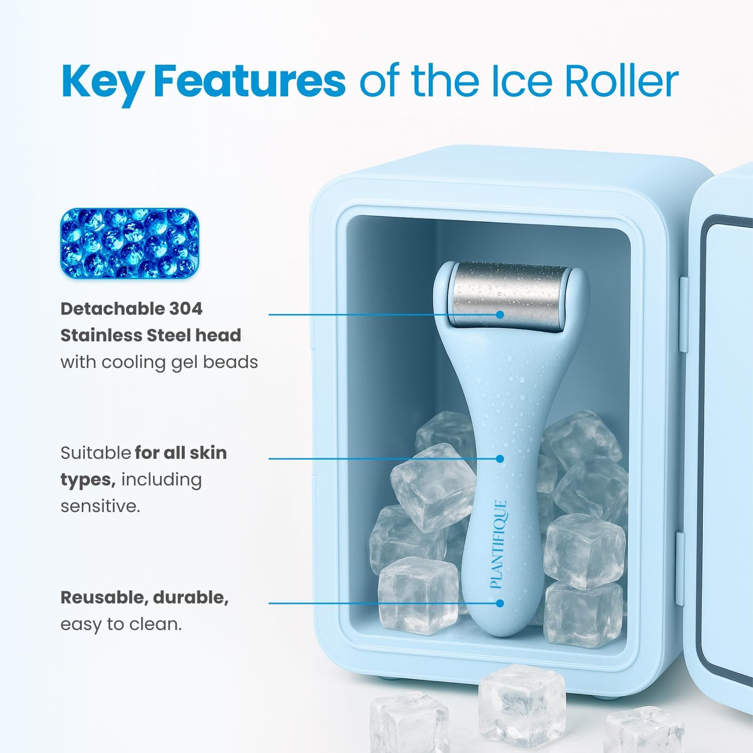 PLANTIFIQUE ice roller's detachable stainless steel head resting in a mini fridge with ice cubes