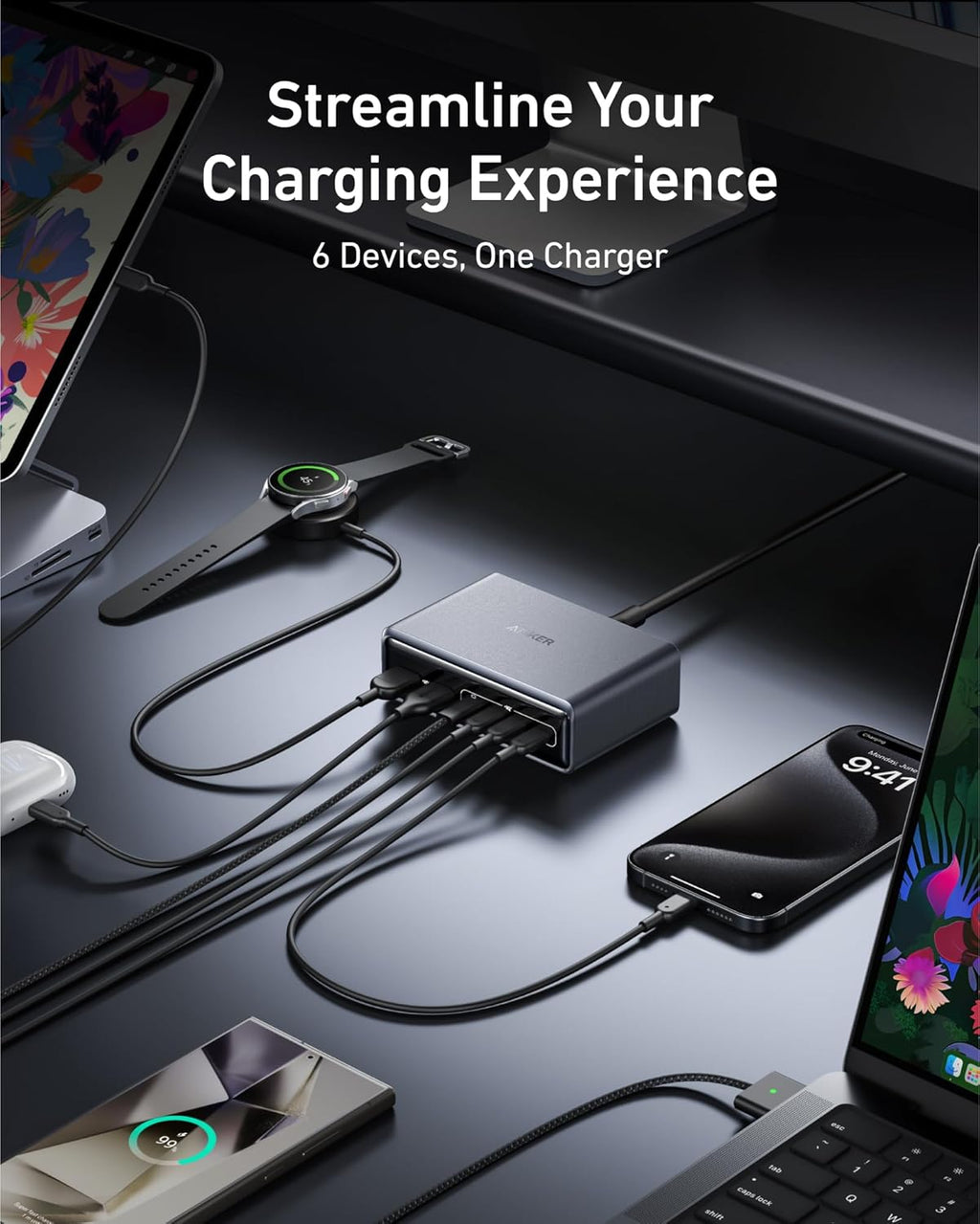 Anker Prime 200W 6-Port GaN Charging Station graphic showing a streamlined charging experience