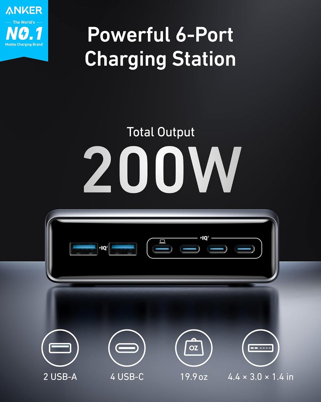 Anker Prime 200W 6-Port GaN Desktop Charging Station, front view showing all charging ports