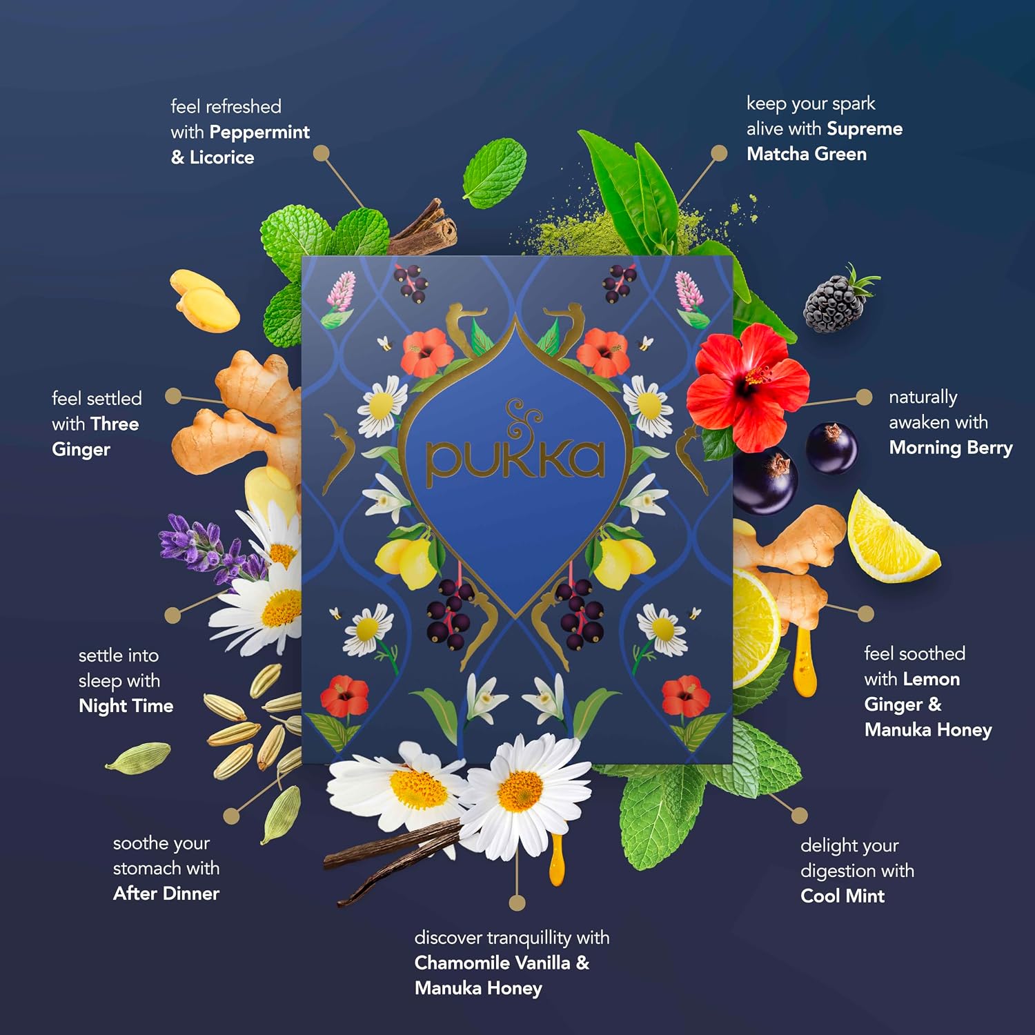 Pukka Herbal Tea Gift Set box surrounded by the herbs and flowers used in its blends, including ginger, chamomile, and hibiscus