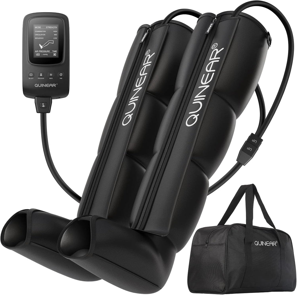 QUINEAR leg recovery compression boots full set with two massage sleeves, digital controller, and carry bag