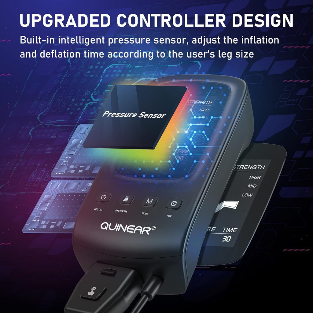 QUINEAR compression boots upgraded controller with built-in intelligent pressure sensor adjusting inflation to leg size
