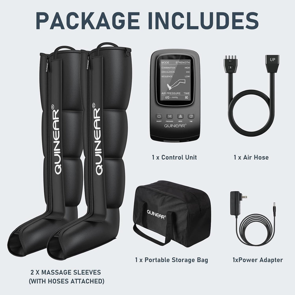 QUINEAR leg recovery compression boots package contents: two massage sleeves, control unit, air hose, storage bag, and power adapter