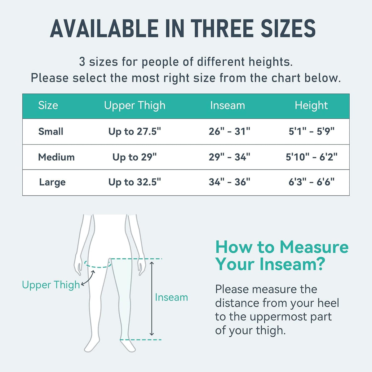 QUINEAR compression boots size chart with Small, Medium, and Large fit by upper thigh, inseam, and height, plus how to measure inseam