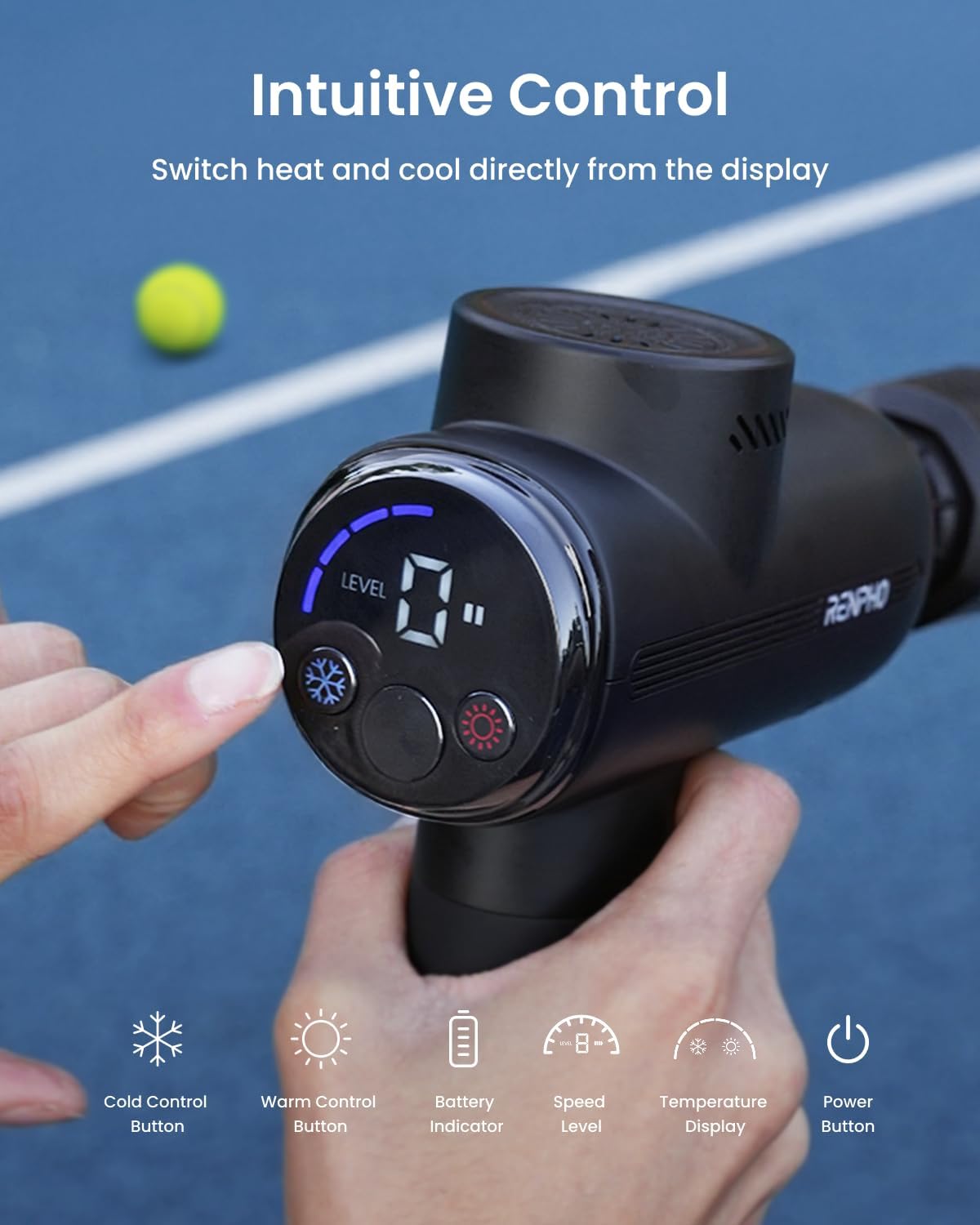 Close-up of the RENPHO Active Thermacool 2 massage gun display, showing cold and warm control buttons, battery indicator, speed level, and power button