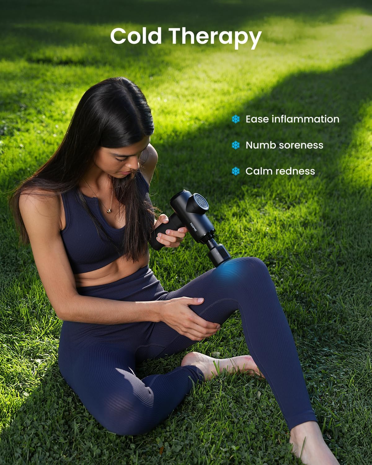 Woman using the RENPHO Active Thermacool 2 massage gun cold therapy on her leg outdoors to ease inflammation, numb soreness, and calm redness