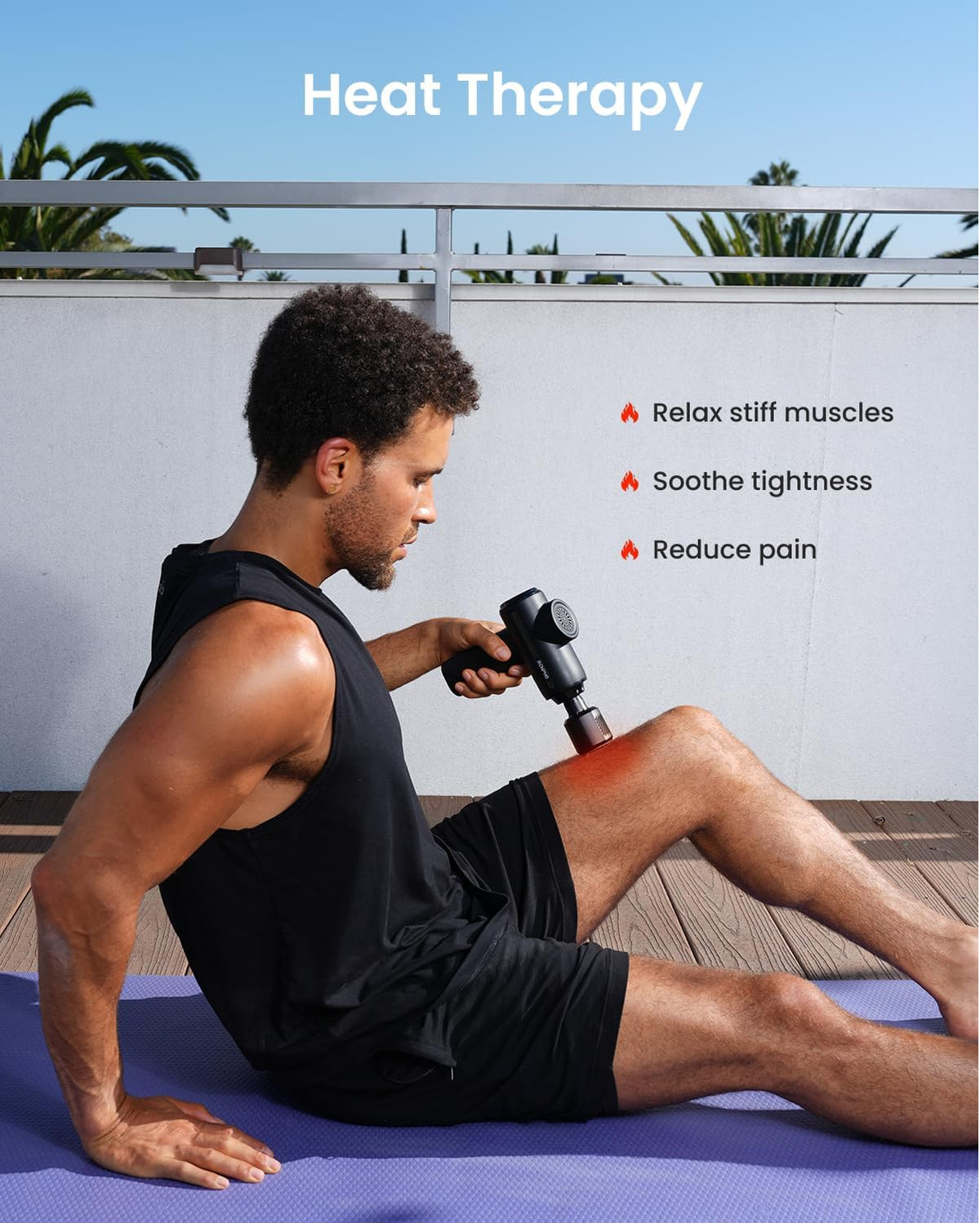Man using the RENPHO Active Thermacool 2 massage gun heat therapy on his thigh to relax stiff muscles, soothe tightness, and reduce pain