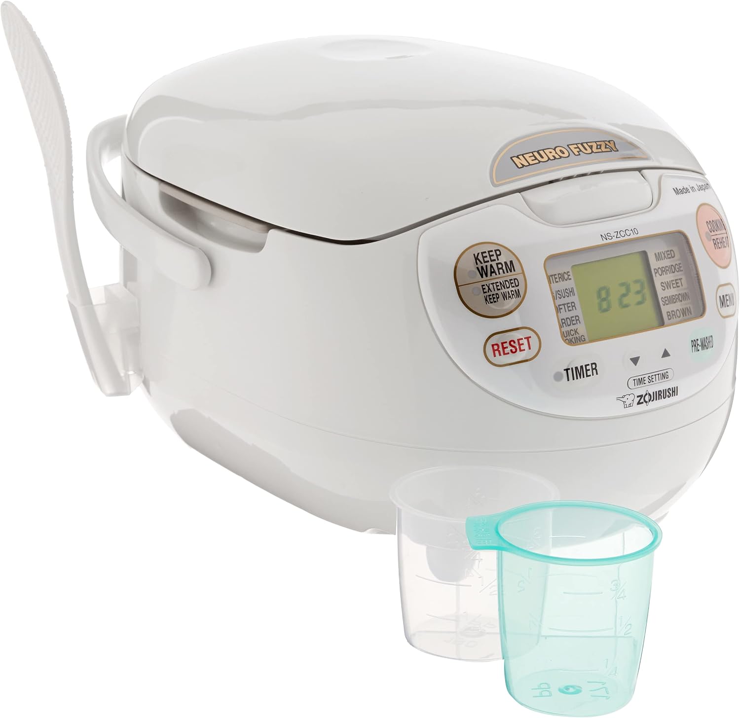 Zojirushi Neuro Fuzzy Rice Cooker with its digital display and measuring cup