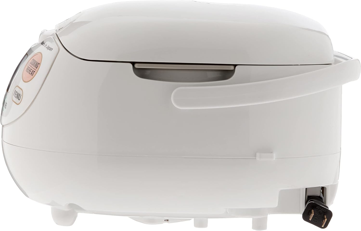 Zojirushi Neuro Fuzzy Rice Cooker in white, closed, side view showing the carry handle