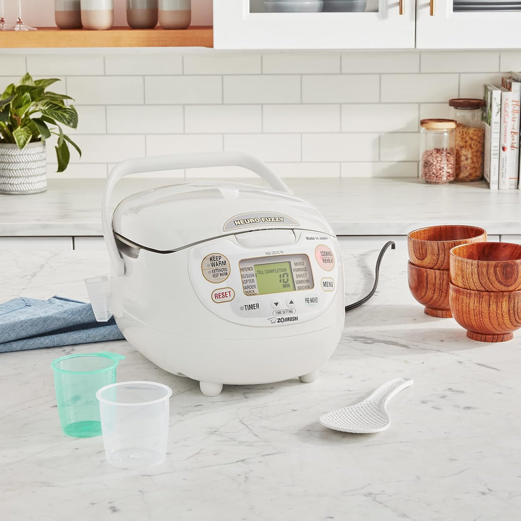 Zojirushi Neuro Fuzzy Rice Cooker in white on a kitchen counter