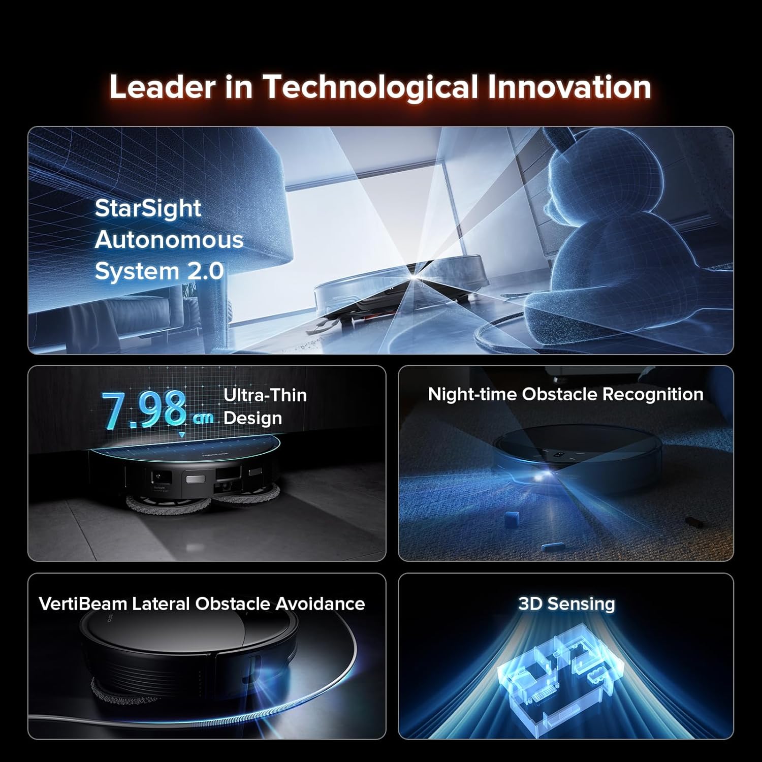 Graphic of the Roborock Saros 10R's StarSight Autonomous System 2.0 features: ultra-thin design, night-time obstacle recognition, lateral obstacle avoidance, and 3D sensing