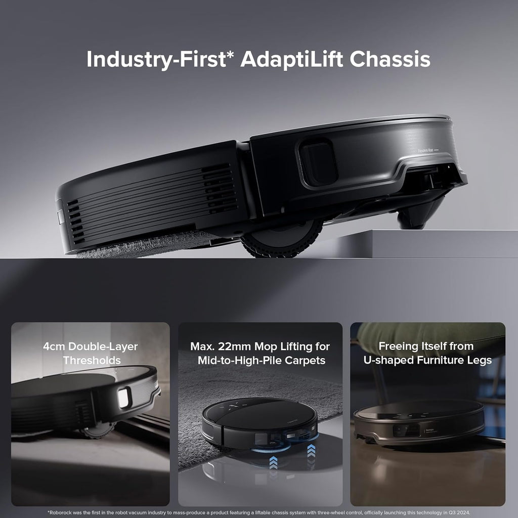 Roborock Saros 10R robot vacuum tilted to show its AdaptiLift chassis, with insets on threshold crossing, mop lifting, and clearing furniture legs