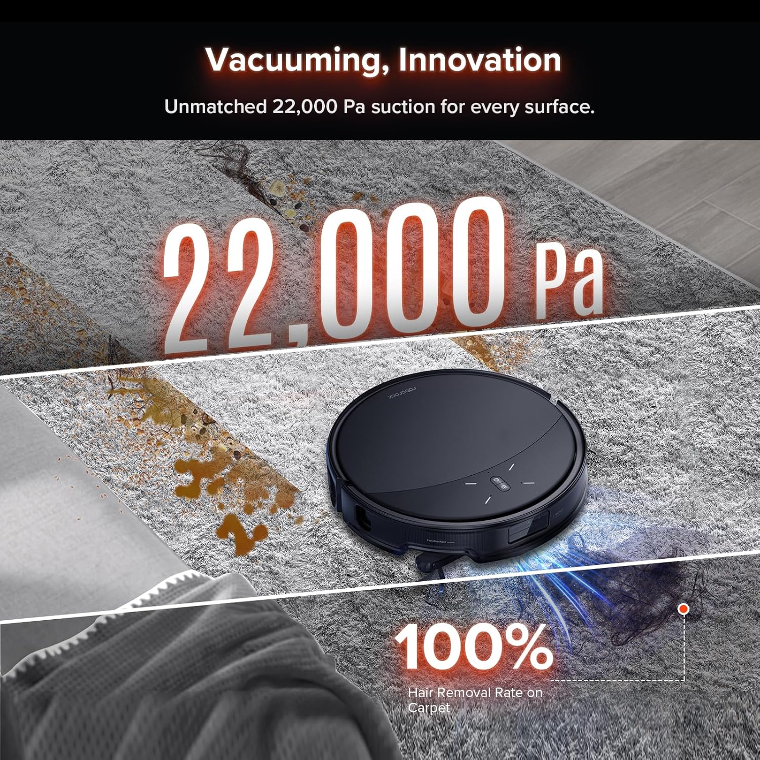 Roborock Saros 10R vacuuming a stained carpet, text reads Vacuuming, Innovation, unmatched 22,000 Pa suction for every surface, 100% hair removal rate on carpet