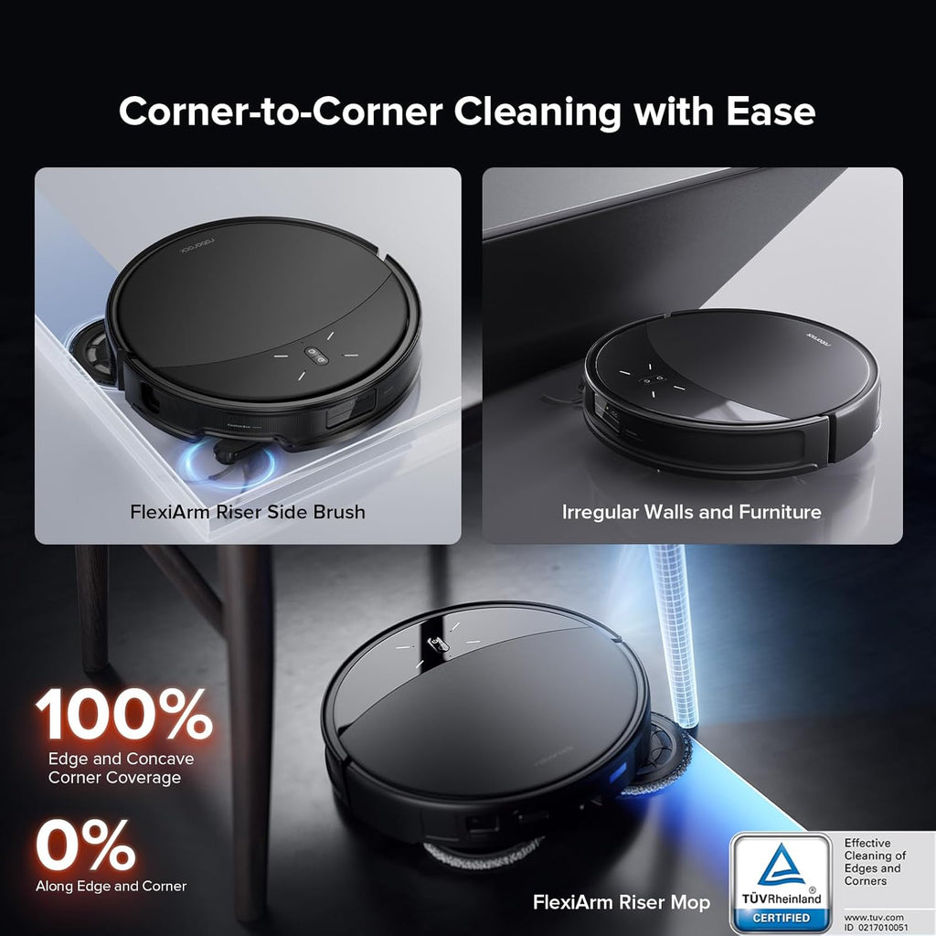 Roborock Saros 10R cleaning corners and edges near furniture, text reads Corner-to-Corner Cleaning with Ease