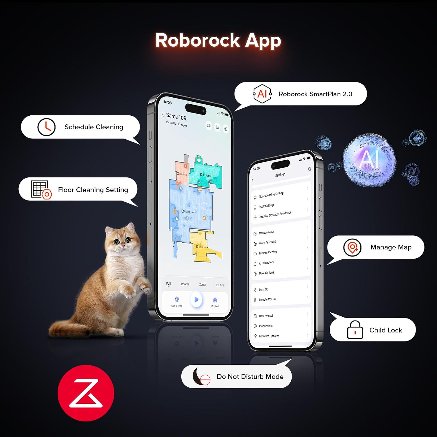Screenshots of the Roborock App showing schedule cleaning, floor settings, map management, and child lock features, with a cat beside a phone