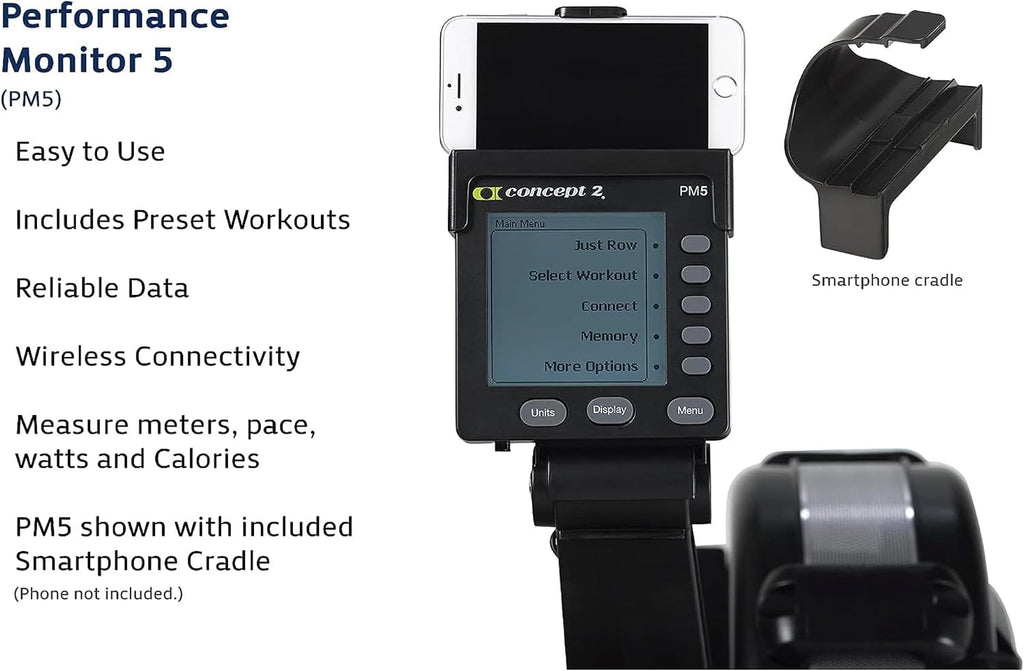 Close-up of the Concept2 RowErg's PM5 monitor showing performance metrics