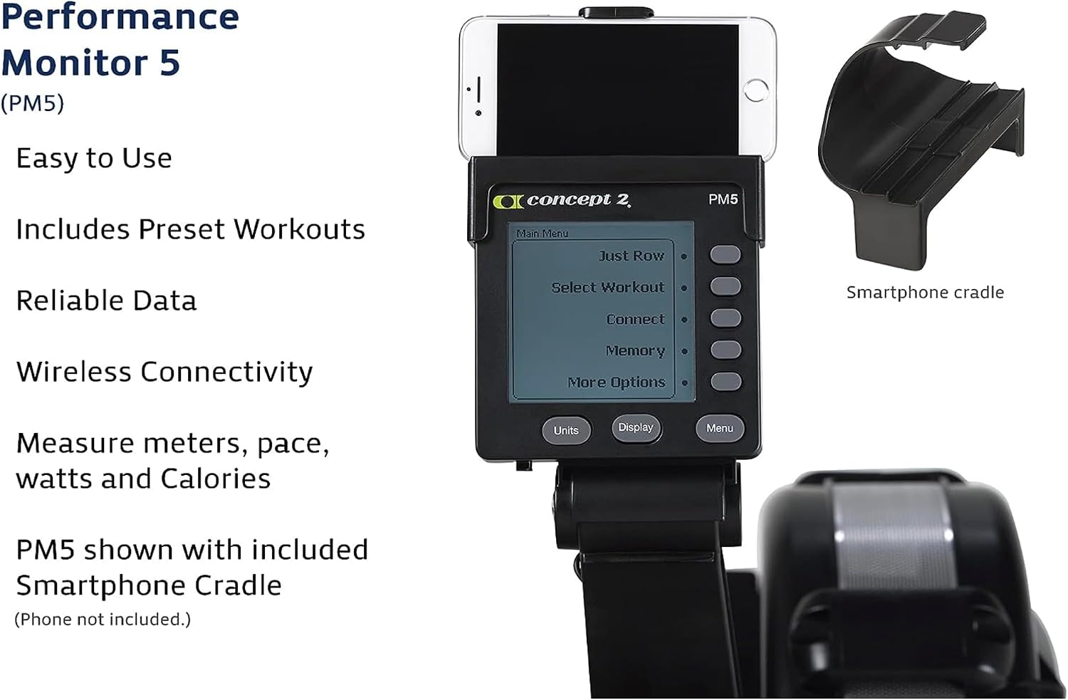 Close-up of the Concept2 RowErg's PM5 monitor showing performance metrics