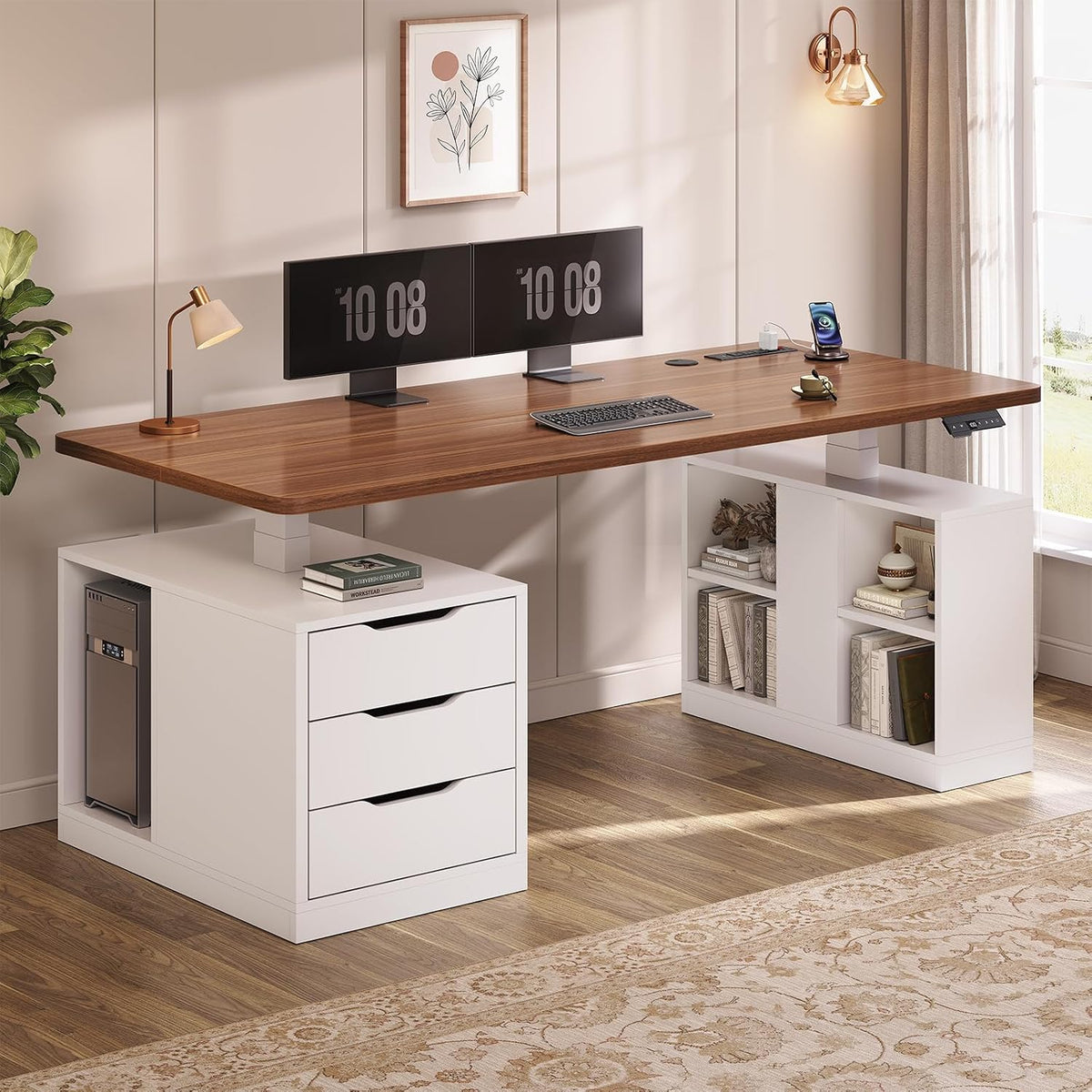 SEDETA 63" Farmhouse Electric Standing Desk in walnut and white, styled in a home office with dual monitors, a lamp, and open shelving