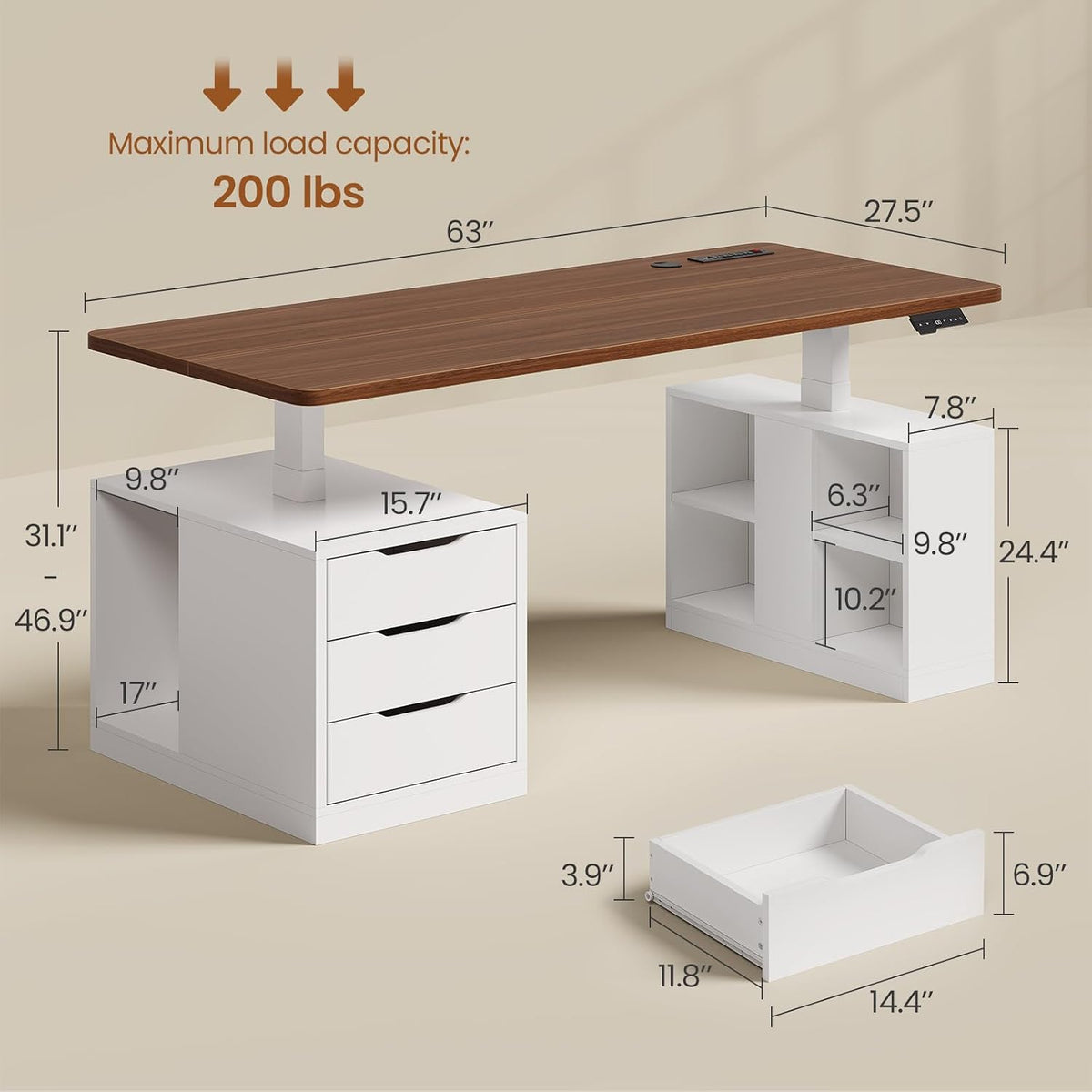 Dimension diagram of the SEDETA Standing Desk showing 63 x 27.5 inch tabletop, drawer measurements, and 200 lb load capacity