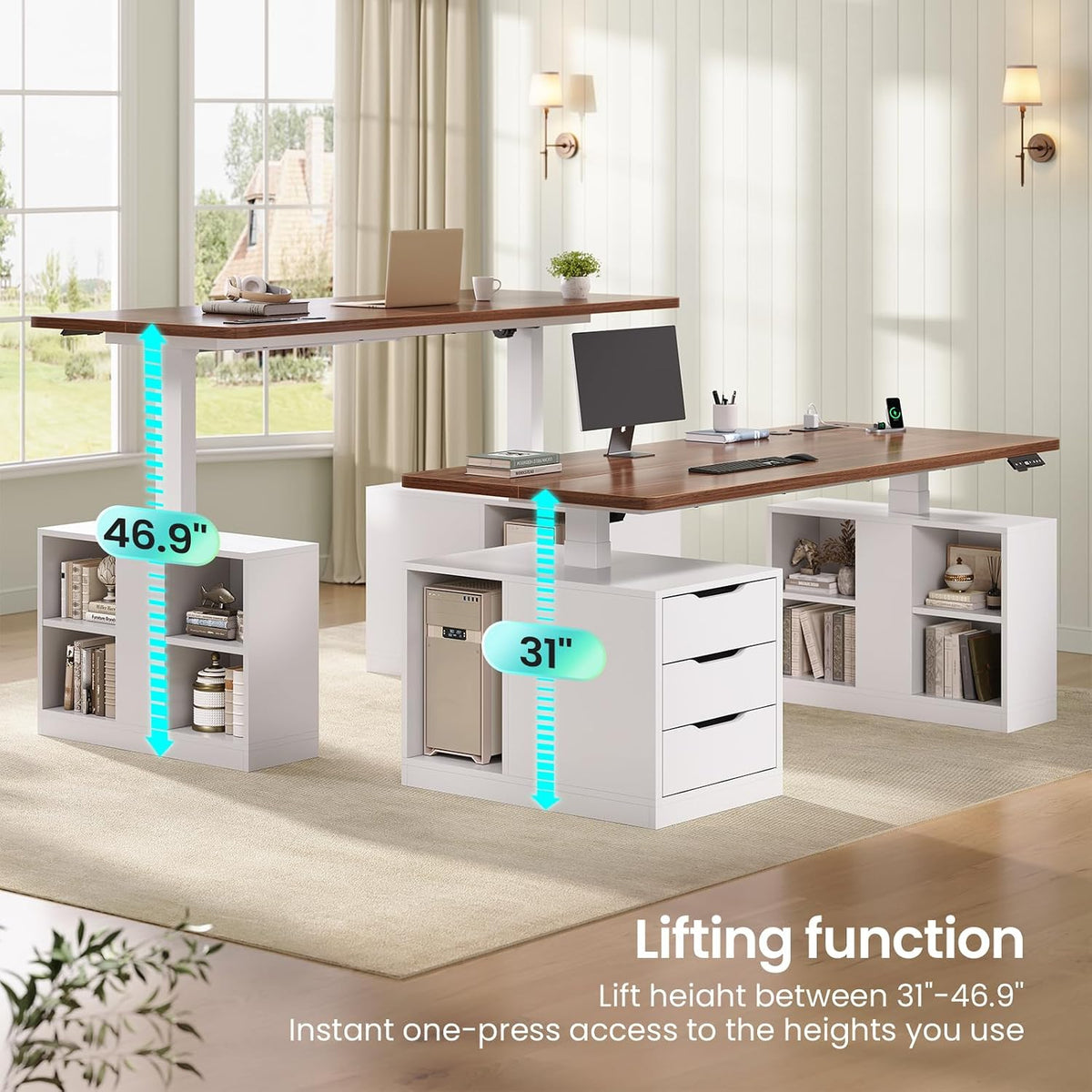 SEDETA Standing Desk shown at low and high positions, illustrating its 31 to 46.9 inch lift range with one-press height presets