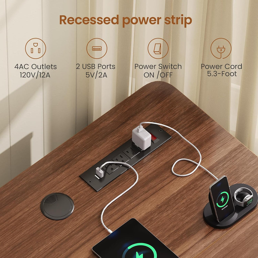Close-up of the SEDETA Standing Desk's recessed power strip with 4 AC outlets, 2 USB ports, a power switch, and a 5.3-foot cord