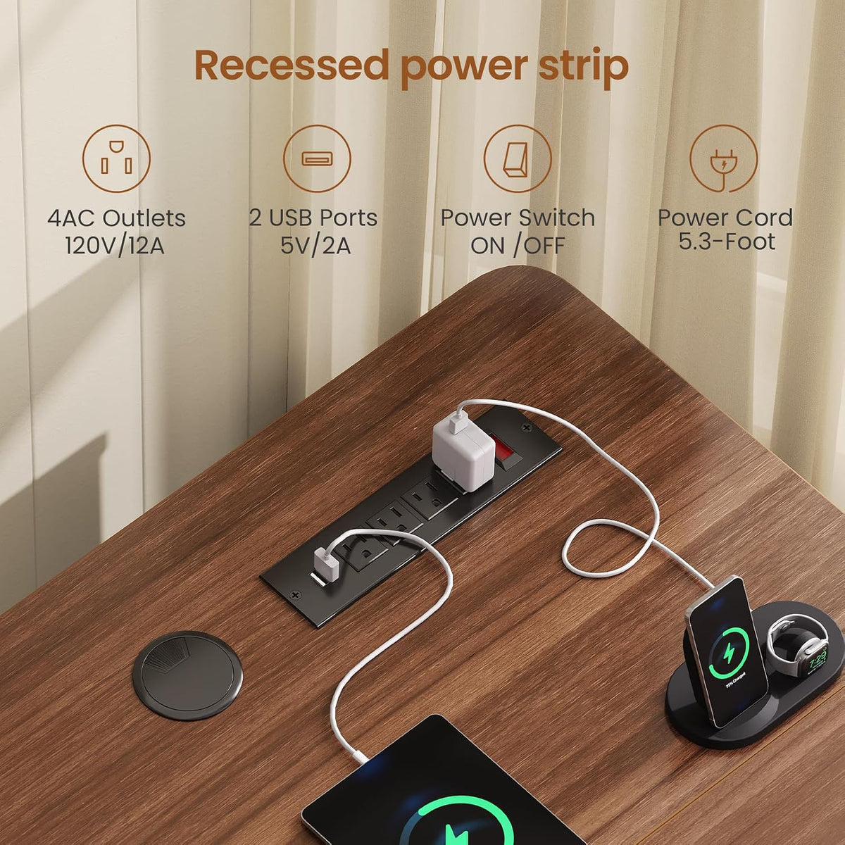 Close-up of the SEDETA Standing Desk's recessed power strip with 4 AC outlets, 2 USB ports, a power switch, and a 5.3-foot cord