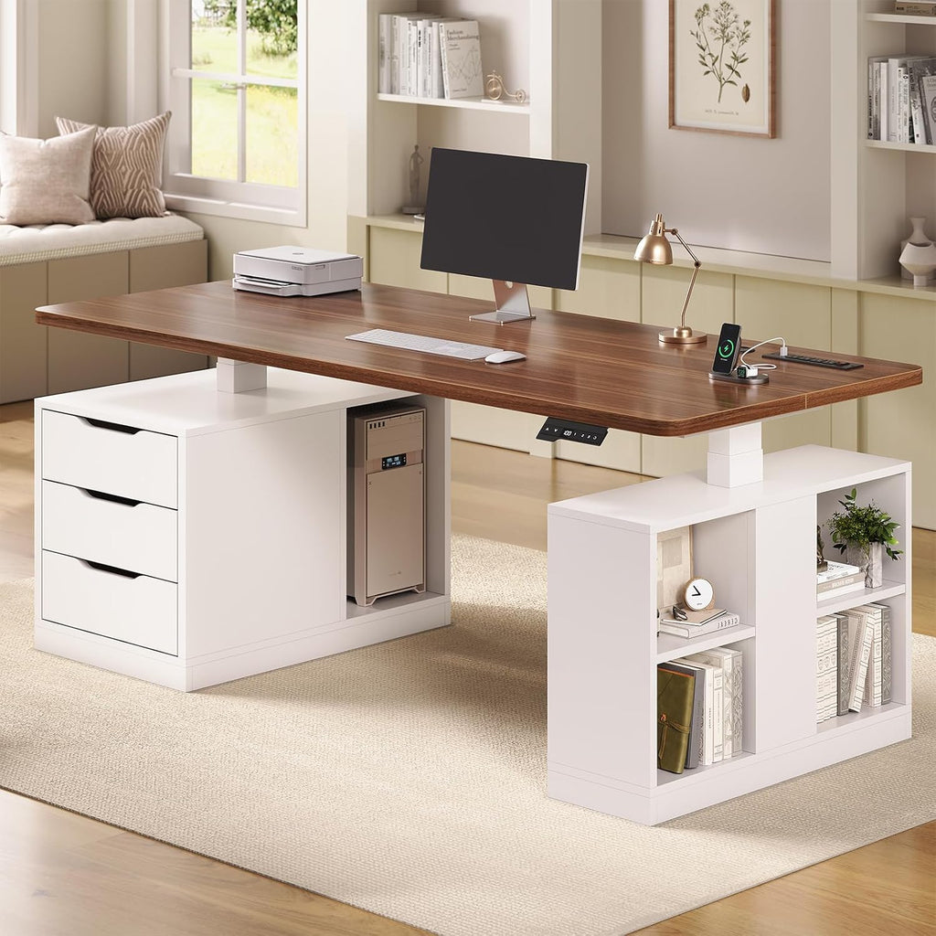 SEDETA Standing Desk in a bright living-room-style office with a monitor, printer, and desk lamp on top