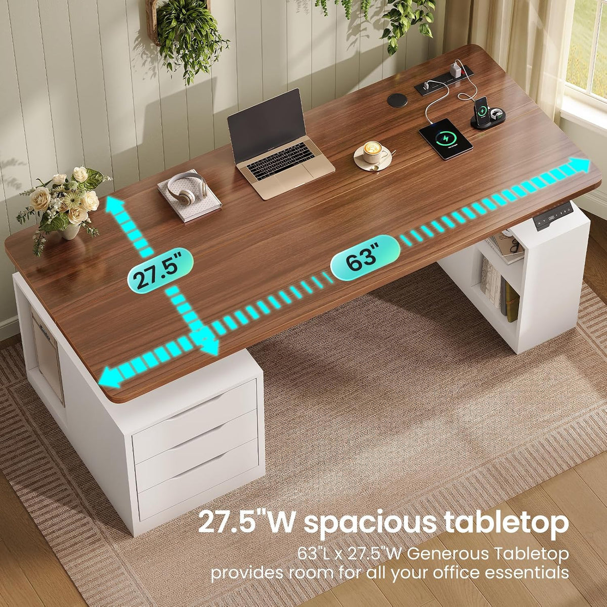 Close-up of the SEDETA Standing Desk's 27.5 inch by 63 inch tabletop with a laptop, headphones, and charging accessories