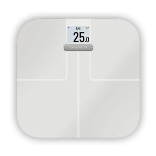 Garmin Index S2 smart scale displaying a BMI reading of 25.0 on its screen