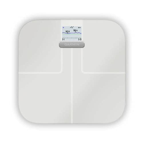 Garmin Index S2 smart scale displaying a weight trend graph on its screen