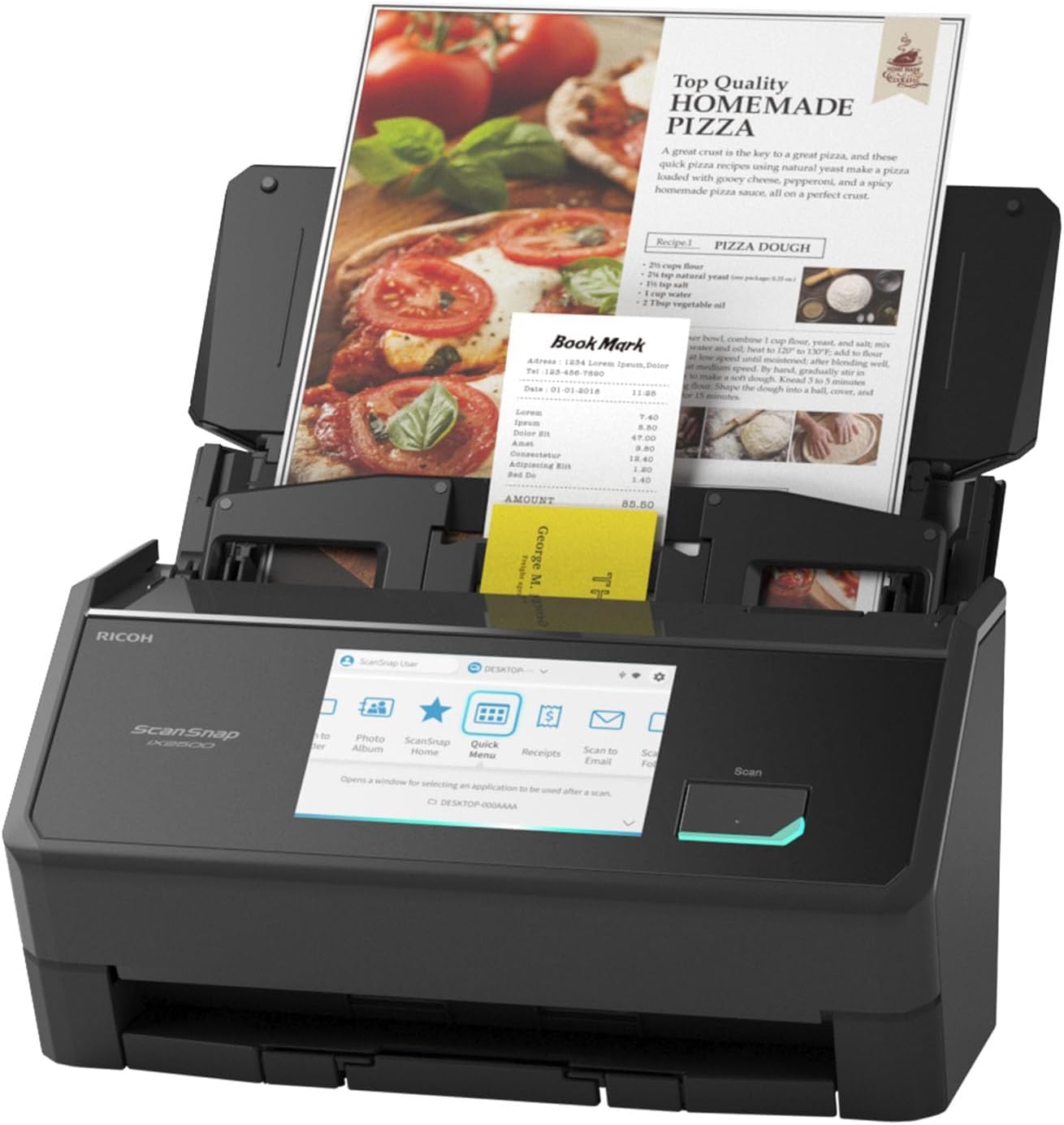 ScanSnap iX2500 Document Scanner in black, scanning a recipe page into the feeder