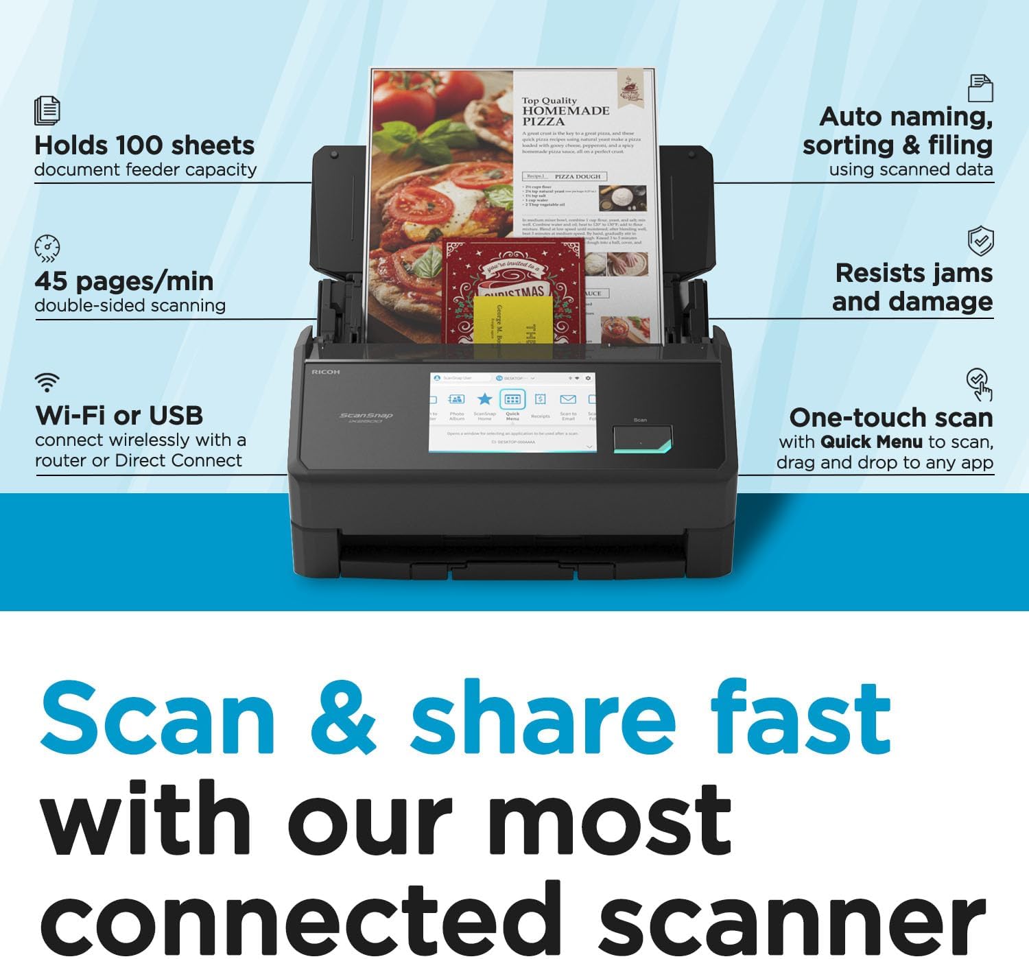 ScanSnap iX2500 Document Scanner graphic reading Scan and share fast with our most connected scanner