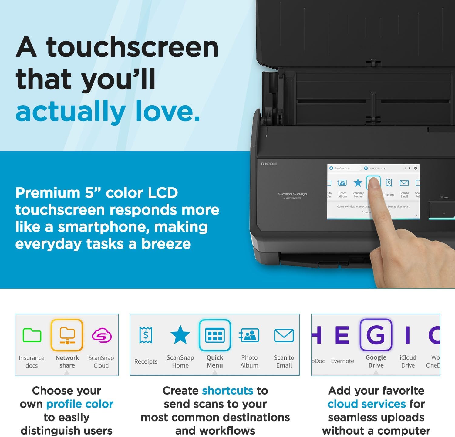 Close-up of the ScanSnap iX2500 Document Scanner's touchscreen interface