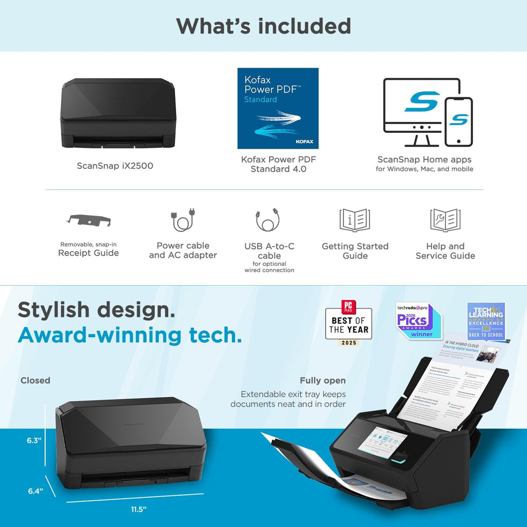 ScanSnap iX2500 Document Scanner What's Included graphic showing the scanner and accessories