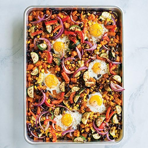 Sheet pan dinner with roasted peppers, onions, and eggs on a Nordic Ware Natural Aluminum Sheet Pan
