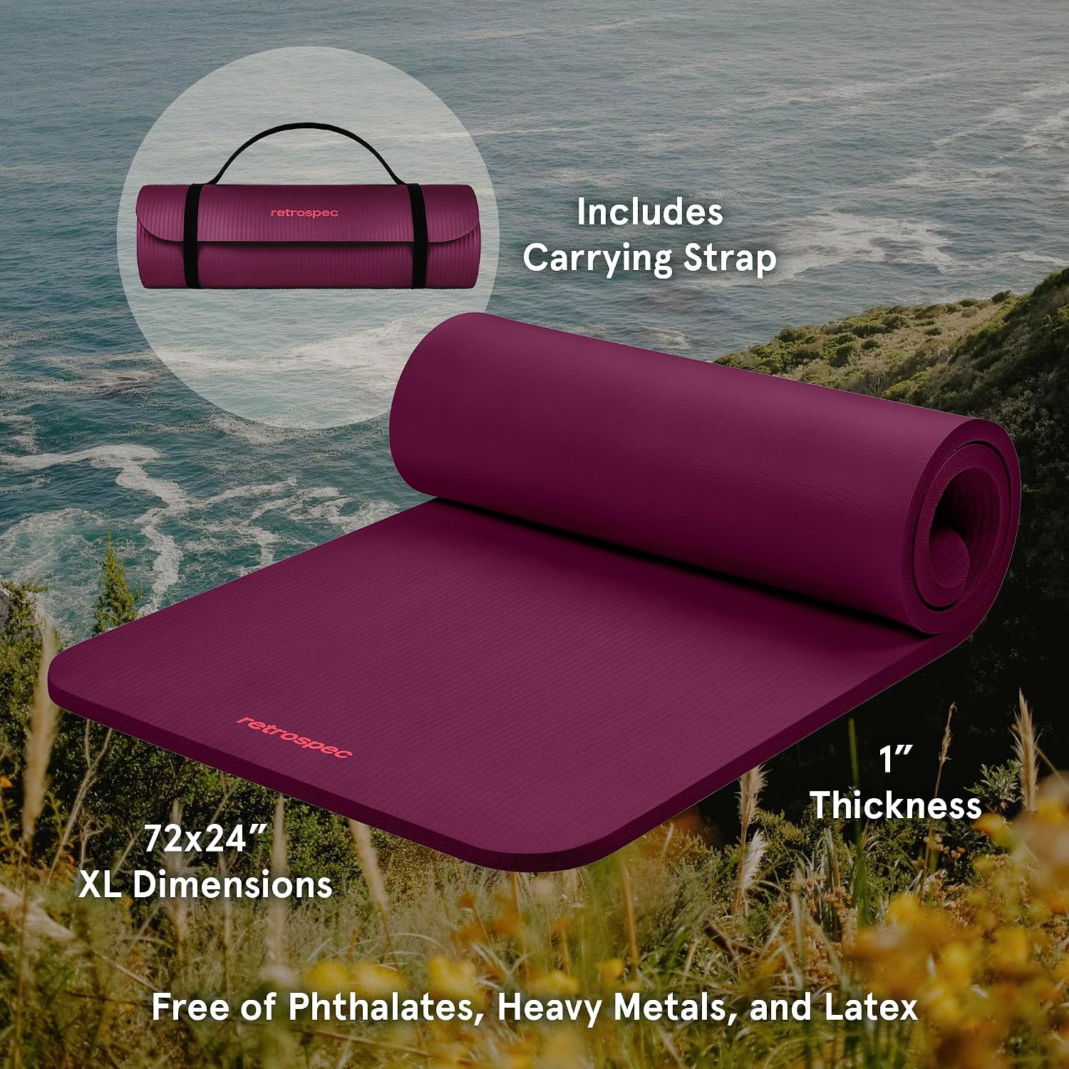 Retrospec Solana Yoga Mat rolled out on a cliffside overlooking the ocean, showing its carrying strap and XL dimensions