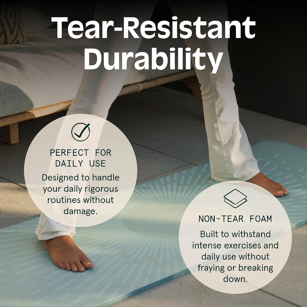 Person standing on the Retrospec Solana Yoga Mat, highlighting its tear-resistant, non-tear foam durability