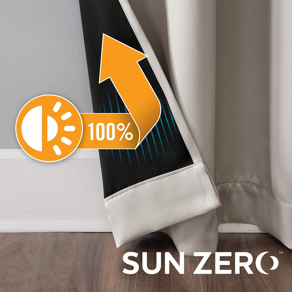Sun Zero blackout curtain graphic showing 100% light block with phone app control