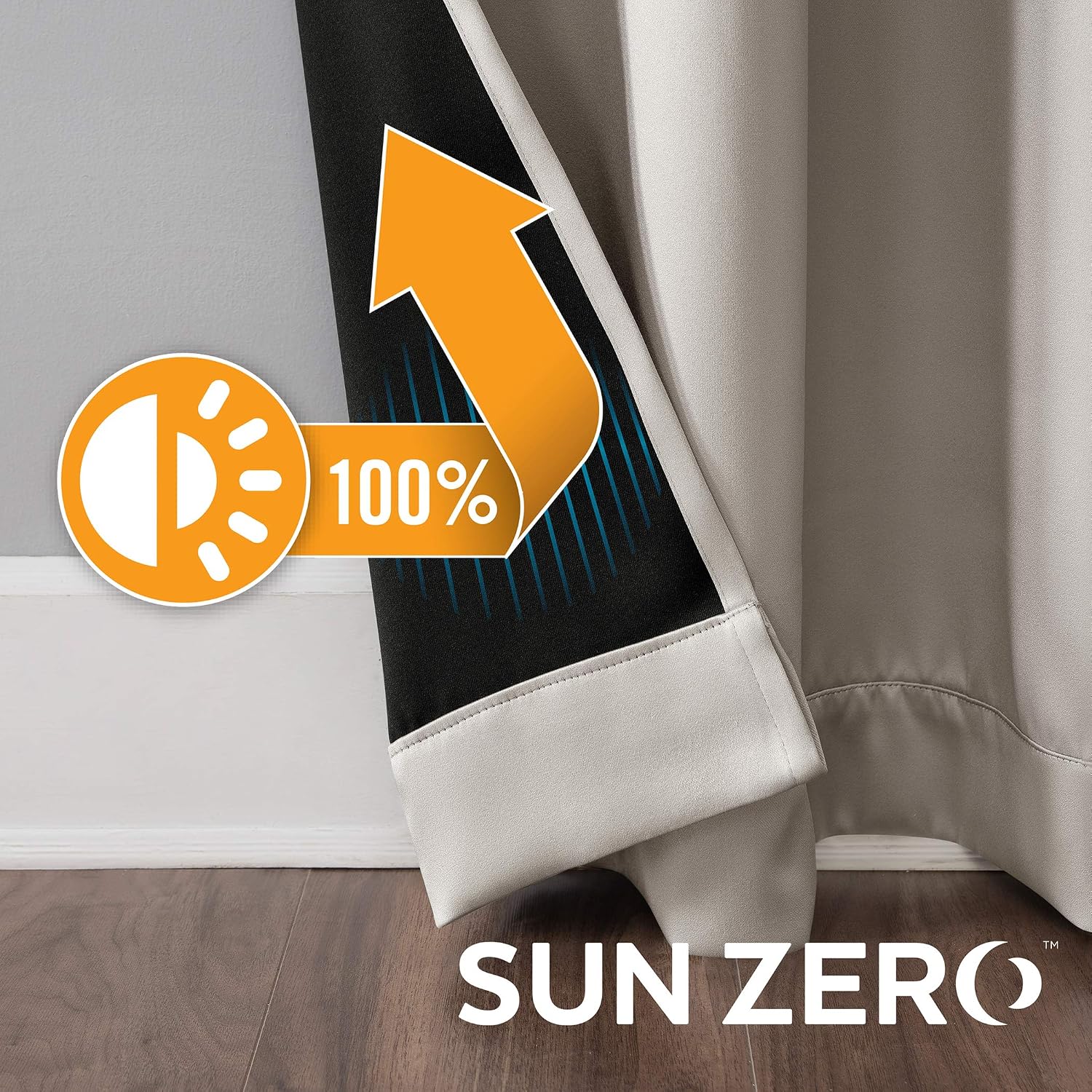 Sun Zero blackout curtain graphic showing 100% light block with phone app control