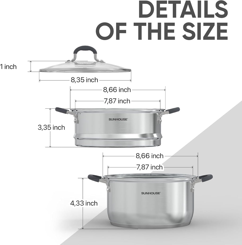Diagram of the Sunhouse steamer pot's dimensions, including the glass lid and stackable steamer insert