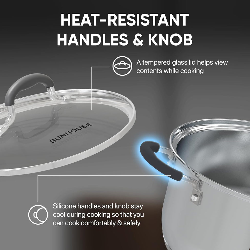Close-up of the Sunhouse steamer pot's heat-resistant silicone handles and tempered glass lid