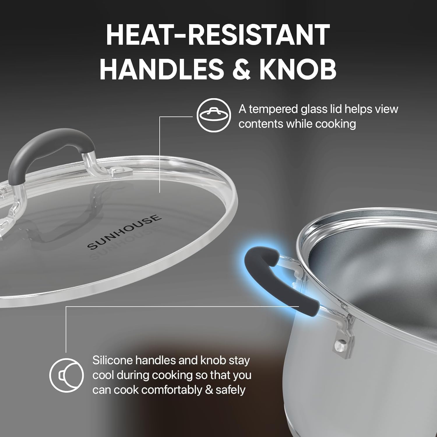 Close-up of the Sunhouse steamer pot's heat-resistant silicone handles and tempered glass lid