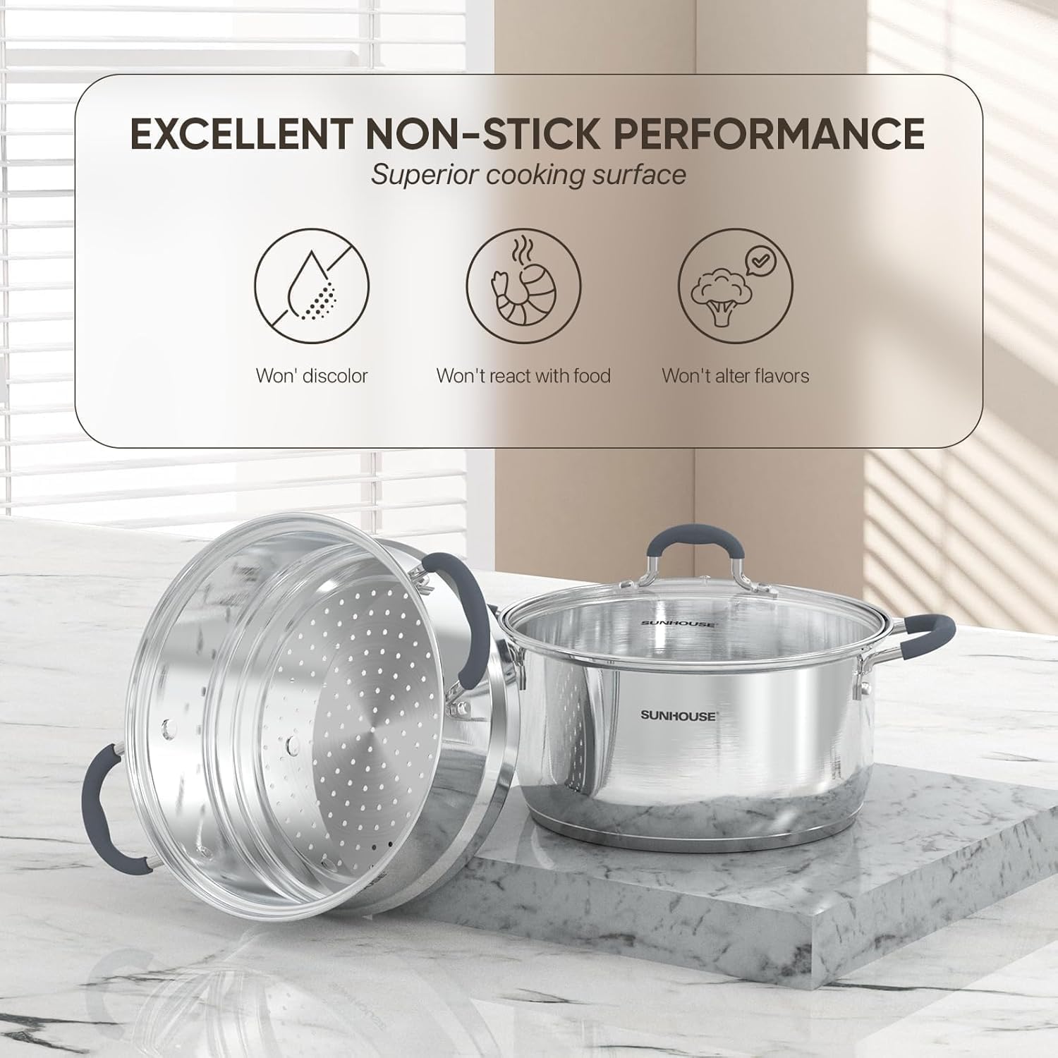 Sunhouse steamer pot and steamer insert on a marble countertop, showing its non-stick stainless steel finish
