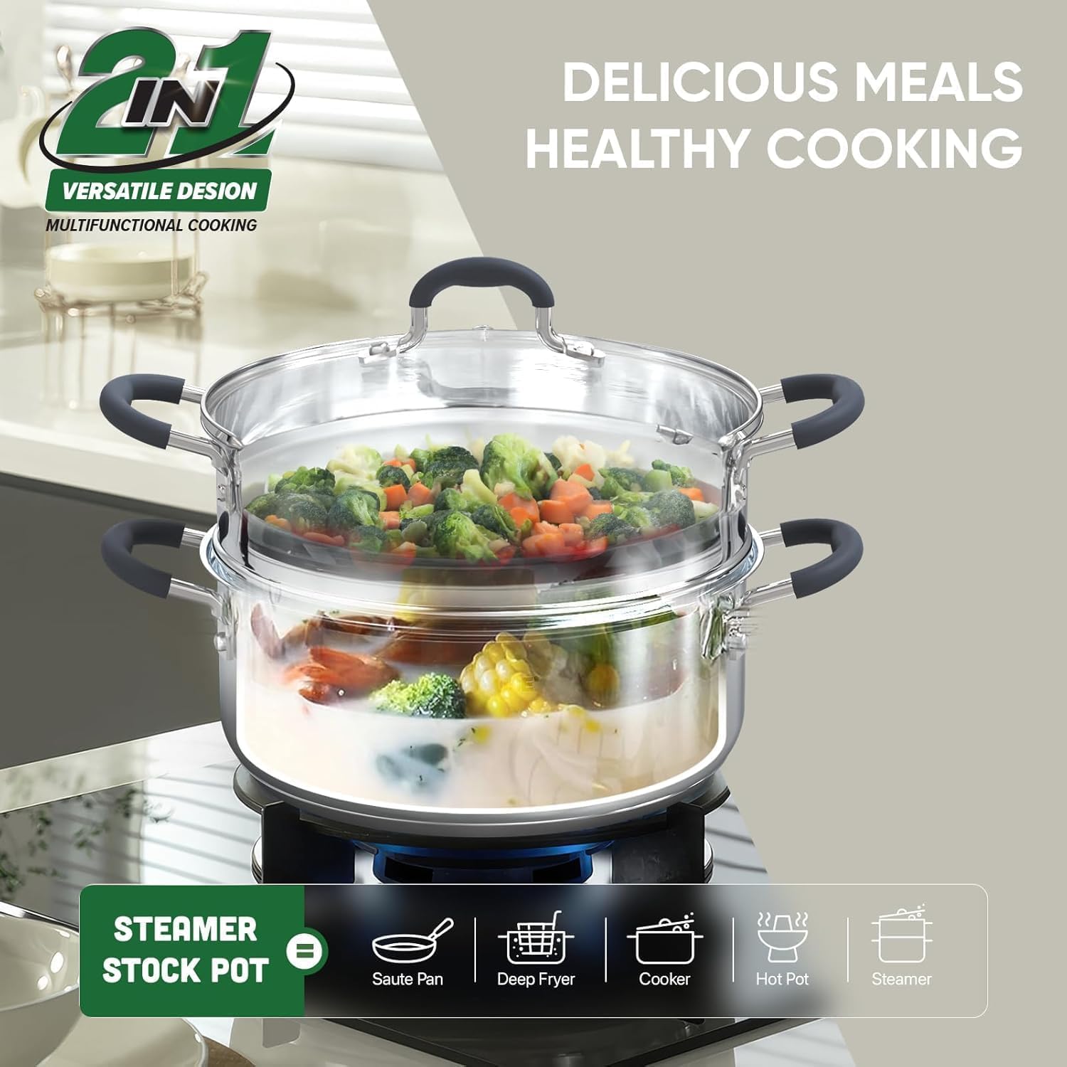 Sunhouse steamer pot on the stove steaming broccoli, carrots, and corn