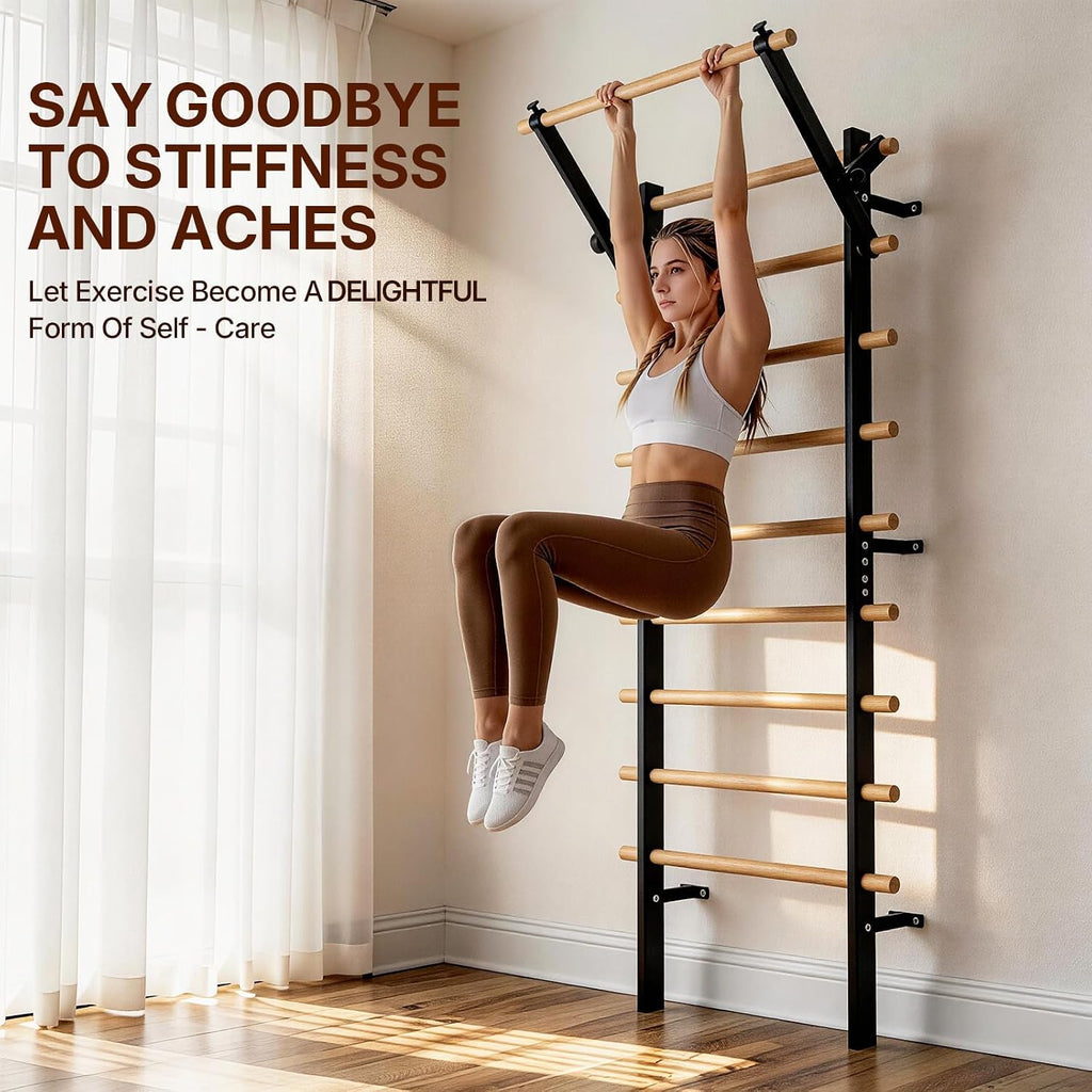 Woman doing a hanging knee raise on a GMWD wooden Swedish ladder stall bar mounted on a home wall by a window