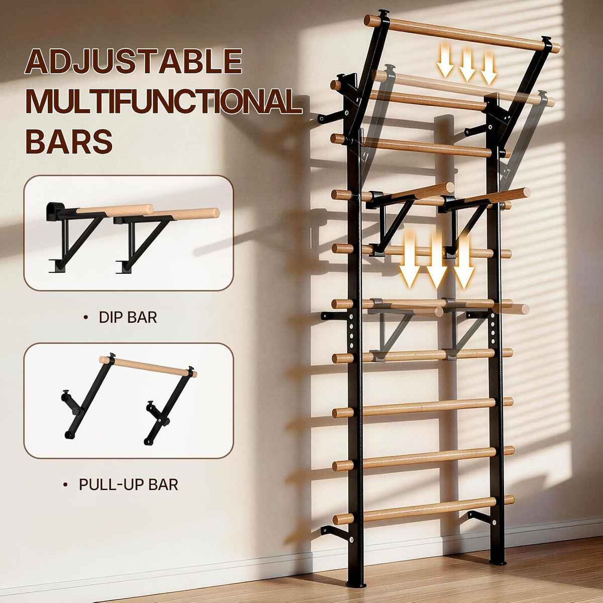 GMWD Swedish ladder stall bar showing its adjustable multifunctional attachments: a wooden dip bar and a pull-up bar that mount at different heights